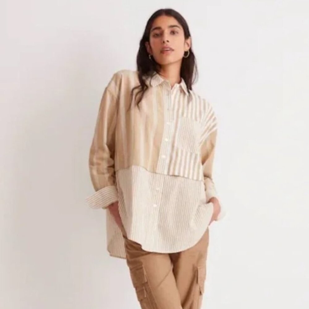 Madewell Tan White 2 in 1 Oversized Striped 100% Cotton Shirt Size S - Picture 4 of 15